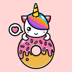 vector design of cute cartoon unicorn hugging big donut
