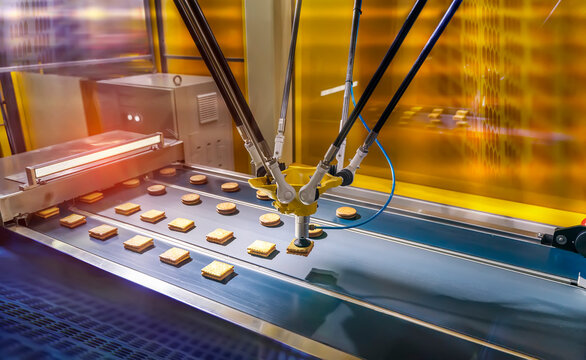 automate robot with vacuum suckers with conveyor in Production of biscuits in a manufacture factory for the food industry
