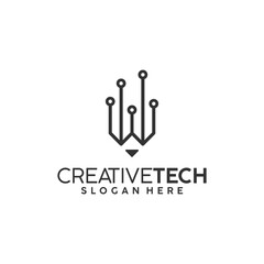 Creative tech logo template - a pencil with  network icon
