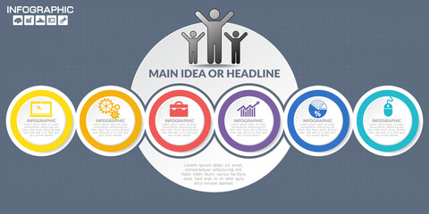 Infographics step by step. Pie chart, graph, diagram with 10 steps, options, parts, processes with small arrows. Vector business template for presentation and training.