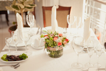 Restaurant Served table, interior in white and soft beige colors