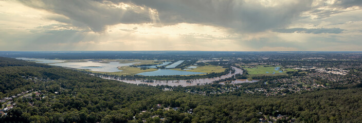 Aerial view of flooding of the Nepean River in Sydney in Australia