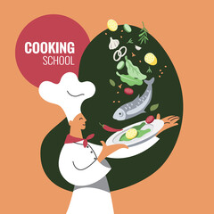 Cooking school, chef illustration, restaurant chef hat and uniform, job professions, restaurant staff flat design, chef cooking, catering professional.