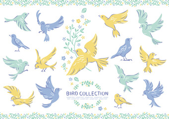 小鳥 イラスト セット 青色 Wall Mural Wallpaper Murals Keiko Kusuhara