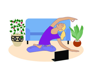 Fototapeta premium Girl plays online yoga Mat at home during quarantine during a pandemic coronavirus. Online yoga classes.