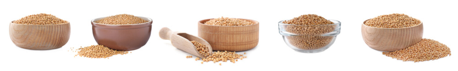 Set with mustard seeds on white background. Banner design