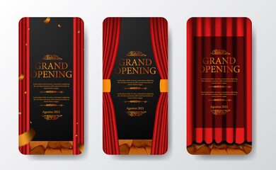 Luxury elegant grand opening social media stories template with red curtain at stage theater with golden confetti
