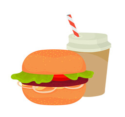 Paper cup with plastic lid and tube. Tea, coffee. Hamburger, burger, cheeseburger. Holiday, weekend, fast food, street food. Outline vector illustration on a white background.