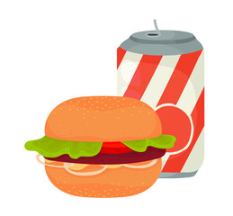 Juice, cocktail, smoothie, soda. Hamburger, burger, cheeseburger. Holiday, weekend, fast food, street food. Outline vector illustration on a white background.