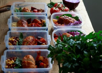 Food Delivery, Restaurant Takeout, Order Food. Reusable lunchboxes with prepared healthy food. Healthy eating