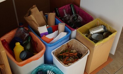 Waste Recycle. Sorting plastic metal glass paper compost electronic garbage. Sustainable waste management system. Household garbage sorting and recycling bin. Waste Separation Concept