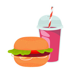 Plastic cup with plastic lid and tube. Juice, cocktail, smoothie, soda. Hamburger, burger, cheeseburger. Holiday, weekend, fast food, street food. Outline vector illustration on a white background.