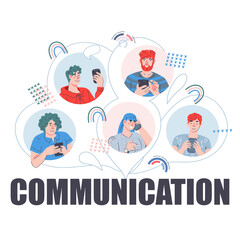 Communication banner design with avatars of young people with mobile phones. Online chat and mobile communication, cartoon vector illustration isolated on white background.