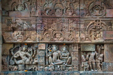 Decorations on the walls of temples in Bhubaneshwar in India