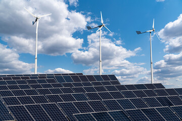Solar panels and wind turbines. Sustainable energy concept	
