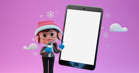 3D render illustration of cute  Weather Forecast Women Reporter character wearing warm cloth with giant smartphone and some snow flakes in winter season