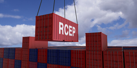 A freight container with the inscription RCEP hangs in front of many blue and red stacked freight containers - concept trade - import and export - 3d illustration