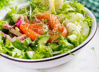 Ketogenic diet breakfast. Salt salmon salad with greens, cucumbers, celery and watermelon radish. Keto, paleo lunch.