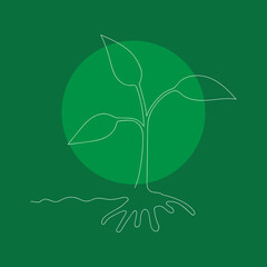small sprout with leaves in a single white line on a green background. Fashion element for design. One line drawing style. Modern single line art, aesthetic contour. Perfect for home decor 