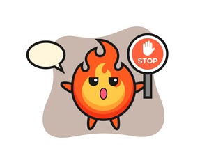 fire character illustration holding a stop sign