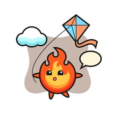 fire mascot illustration is playing kite