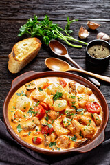 seafood saute in a bowl, top view