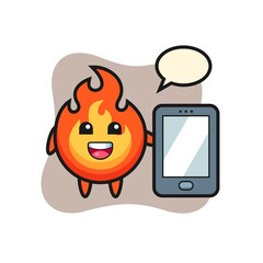 fire illustration cartoon holding a smartphone