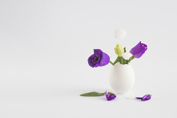 Easter spring layout with cracked white eggshells and flowers on white background. Creative Easter art concept. Minimal spring holiday floral composition.