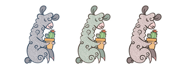Set of cute curly alpacas with blooming cactus in a clay pot. Vector illustration with border in different colors for coloring pages, children and adult prints, baby shower