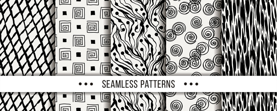 Cute collection of doodle hipster seamless patterns. Ornament set for your design, wallpaper, background, fabric textile