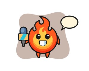 Character mascot of fire as a news reporter