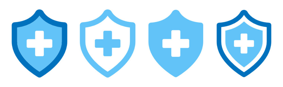Blue medical health protection shield with cross vector icon illustration.