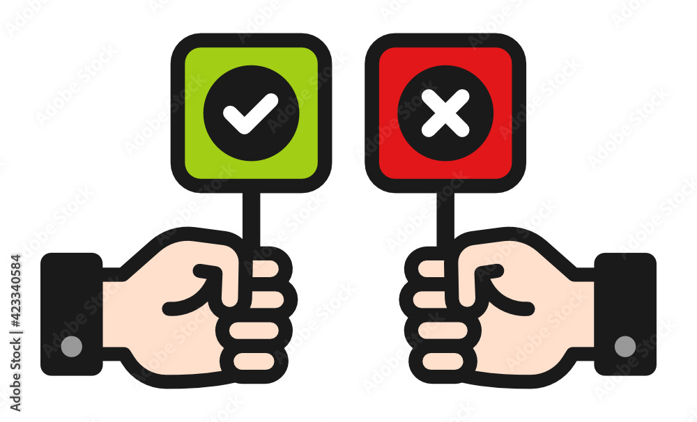 Aufkleber hand holding signboard right and wrong vector illustration. green check sign for approval and red cr