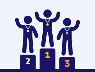 Top 3 winners standing on podium icon vector illustration. Champion of competition celebrate victory.