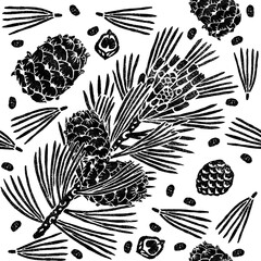 Siberian pine seamless pattern isolated on white, branch, cones, seeds