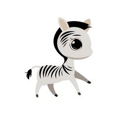 Little zebra cub. Isolated object on a white background. Cheerful kind animal child. Cartoons flat style. Funny. Vector