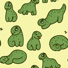 Cheerful funny dinosaur. Seamless dino illustration. Cartoon sketch style. Hand outline drawing of animal. vector