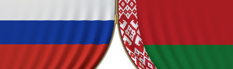 Russia and Belarus political cooperation or conflict, flags and closing or opening zipper, conceptual 3D rendering