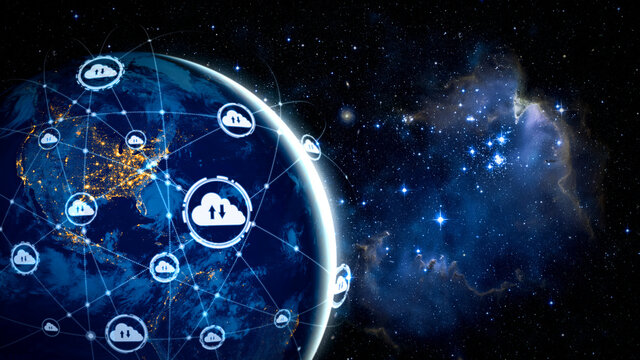 Cloud computing technology and online data storage in innovative perception . Cloud server data storage for global business network concept. Internet server service connection for cloud data transfer.