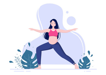 Pregnant Woman Doing Yoga Poses With Relaxing, Meditation, Balance Exercises and Stretching. Flat Design Vector Illustration