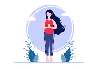 Pregnant Woman Doing Yoga Poses With Relaxing, Meditation, Balance Exercises and Stretching. Flat Design Vector Illustration