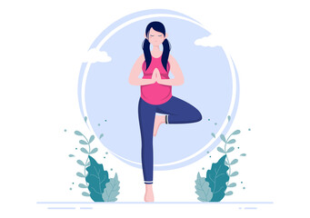 Pregnant Woman Doing Yoga Poses With Relaxing, Meditation, Balance Exercises and Stretching. Flat Design Vector Illustration