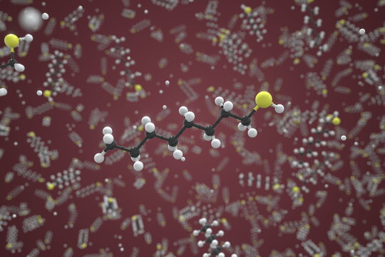 1-octanethiol molecule, ball-and-stick molecular conceptual model. Scientific 3d rendering