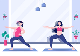 Fototapeta premium Pregnant Woman Doing Yoga Poses With Relaxing, Meditation, Balance Exercises and Stretching. Flat Design Vector Illustration