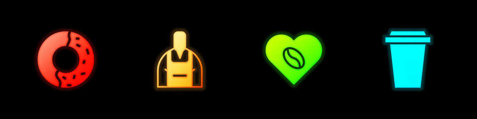 Set Donut with sweet glaze, Barista, Coffee Lovers and cup to go icon. Vector