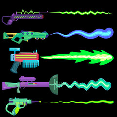 vector illustration of blasters shooting a beam. concept drawing of alien weapons. plasma shot. colorful unusual weapons for children. objects on a black background for computer games.