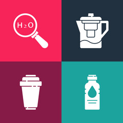 Set pop art Bottle of water, Water filter cartridge, jug with and Chemical formula for H2O icon. Vector