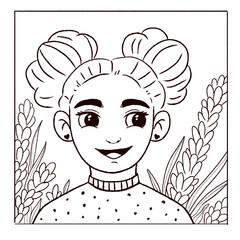 Portrait of a cute cartoon girl with red hair on a lavender background. Illustration for coloring.