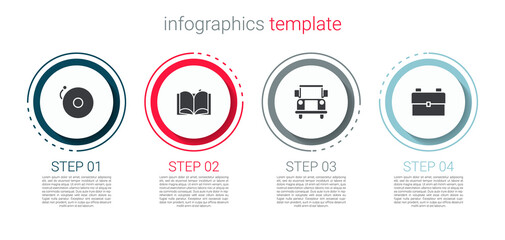 Set Ringing alarm bell, Open book, School Bus and backpack. Business infographic template. Vector