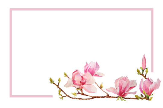 Elegant rectangular frame with a blooming branch of pink magnolia. Large flowers, buds and branches of the magnolia are made by hand in watercolor in the oriental style.